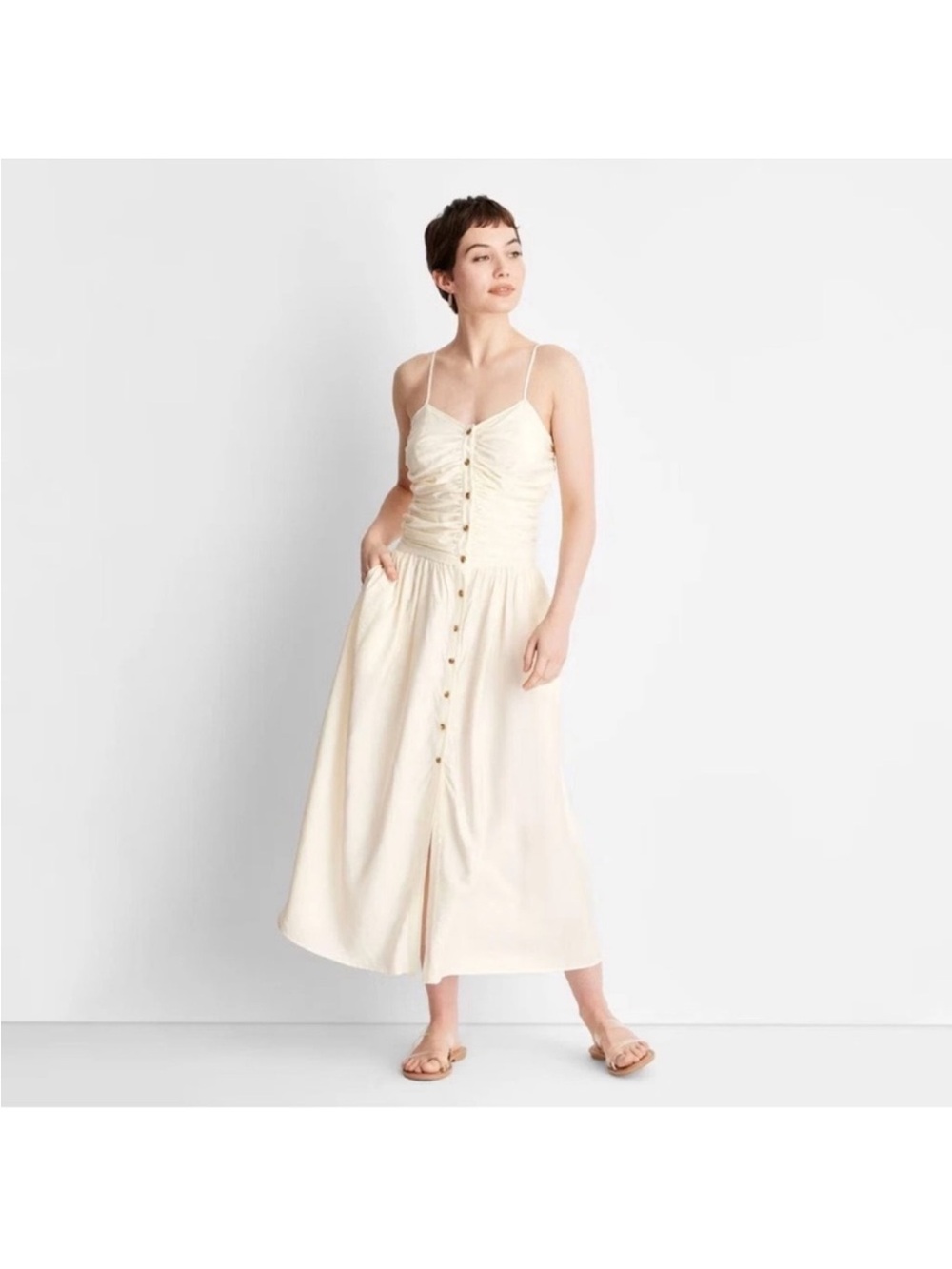 Future Collective Ruched Spaghetti‑Strap Midi Dress in Cream